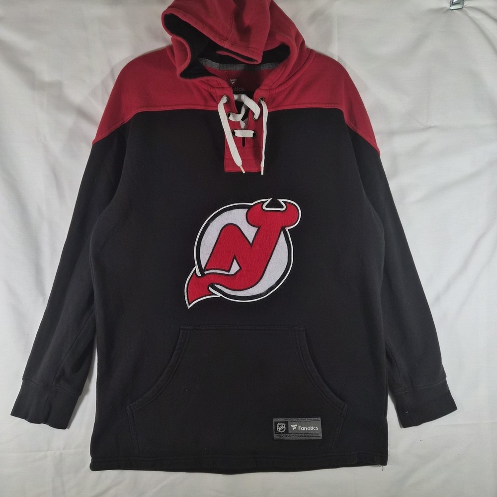 New Jersey Devils Lace Up Hoodie NHL Fanatics Black Red Pullover Mens Medium